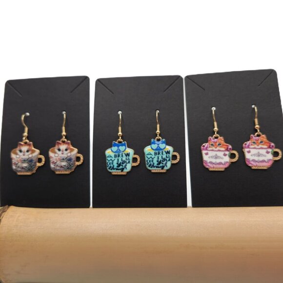 Asian Garden Calico Cat Cherry Blossom Teacup Earrings – Handmade & Customizable - Picture 4 of 16